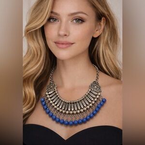 Vintage Ethnic Gypsy Bohemian Choker Necklace with drop tassel blue beads